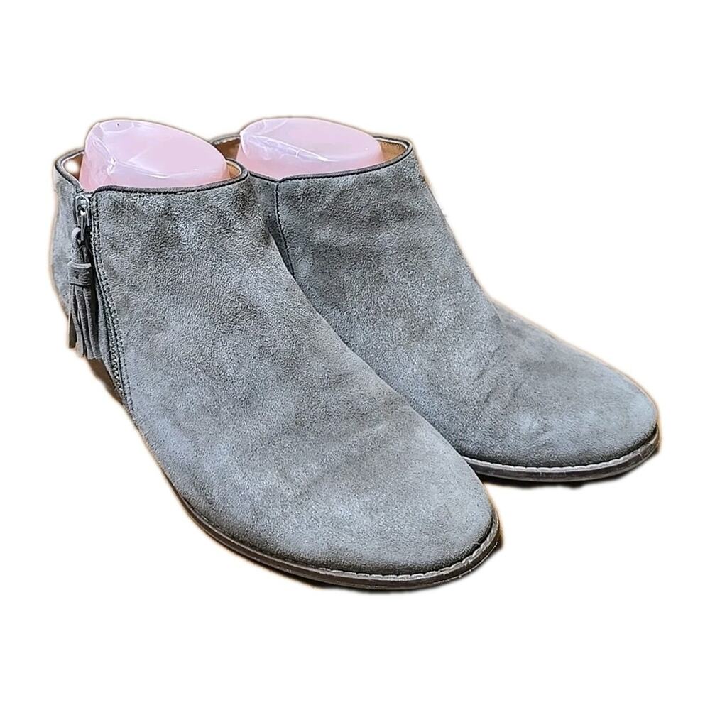 Vionic Joy Serena Gray Suede Side Zip Tassel Heels Ankle Booties Womans Size 7.5